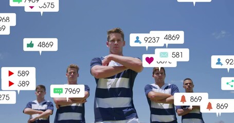 Animation of icons and data processing over diverse rugby players - Powered by Adobe