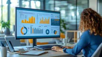 Professionals in a sleek office environment, reviewing an infographic displayed on a large monitor, highlighting key performance indicators and strategic goals.