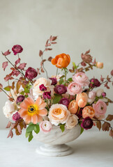 Luxurious floral arrangement of pink, light orange and burgundy flowers in a vintage vase