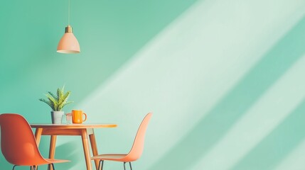 Fototapeta premium Cozy Dining Nook with Wooden Table & Coral Chairs â€“ Minimalistic Interior Design