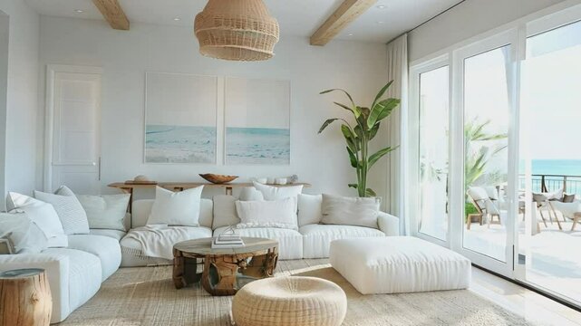 A bright and airy coastal-inspired living room featuring a large white sectional sofa, natural wood accents, and minimalist decor. 