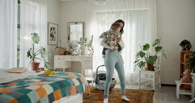Love, support and baby with mom in bedroom for infant care, development and growth. Happiness, bonding and calm with woman and carrying child in family home for wellness, youth and comfort together