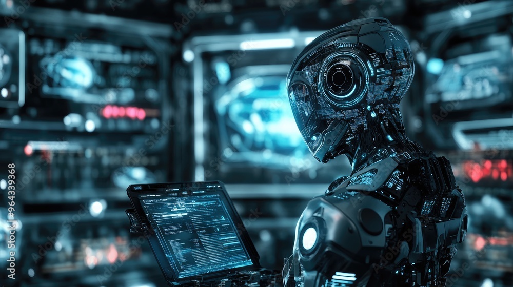 Poster a futuristic ai robot analyzing complex data in a high-tech environment, symbolizing innovation and 