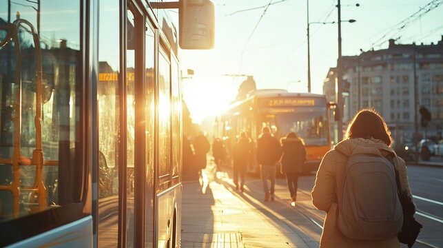 People boarding a bus with morning sunlight Monday morning