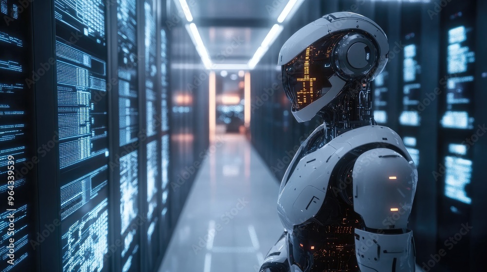 Poster a futuristic ai robot analyzing complex data in a high-tech environment, symbolizing innovation and 