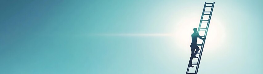 Ascending to Success: Confident Business Person Climbing Ladder Against Clear Sky Background with Copy Space