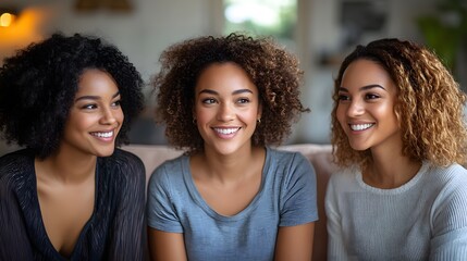 Three women sitting on a sofa, engaged in a cheerful conversation, with a peaceful living room in the background, symbolizing connection.
