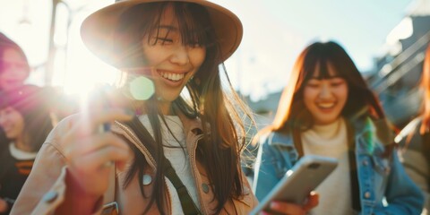 Obraz premium Women and friends enjoying the outdoors with smartphones, sharing happiness and connection through social media in sunny weather