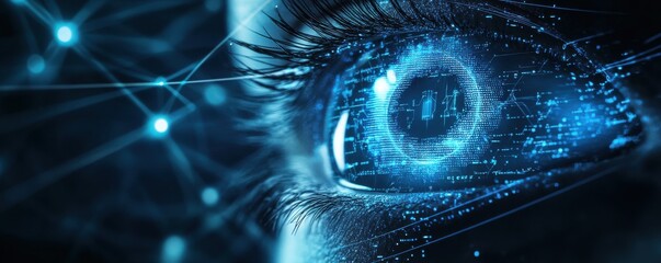 Close-up of an eye surrounded by digital lines representing technology and futuristic vision in blue tones