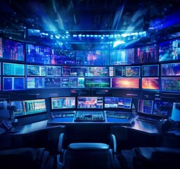 a control room with multiple screens displaying various data and information, suggesting a high-tech environment.