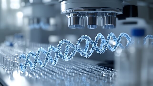 Detailed view of a DNA sequencing machine in action, showing the intricate molecular strands and lab equipment.