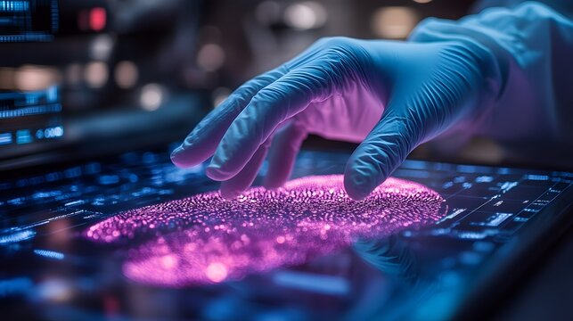 Close-up of gloved hands examining a digital forensic fingerprint scan with advanced analysis tools in the background.