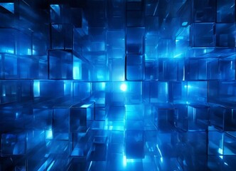 complex, abstract pattern of blue cubes, with a bright light shining through the center, creating a sense of depth and dimensionality.