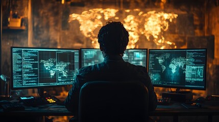 Obraz premium Cybersecurity expert analyzing data on multiple screens, tracking a hacker movements through encrypted codes in a dark, high-tech environment.
