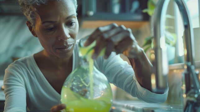 Call addressing stress related to plumbing issues with a woman at a sink, focusing on anxiety, communication, and repair work for home maintenance and renovations