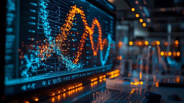 Detailed view of a DNA testing procedure in a forensic lab, with vibrant molecular structures displayed on high-resolution monitors.