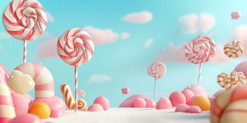 A magical landscape filled with colorful candies, lollipops, and fluffy clouds, creating a whimsical sweet fantasy.