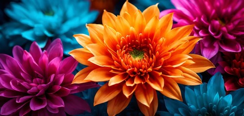 Obraz premium A close-up view of a vibrant orange dahlia flower surrounded by other colorful flowers in shades of blue, pink, and purple.