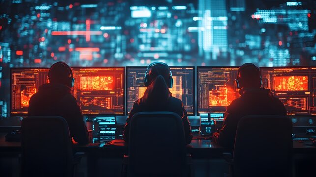 Cybersecurity team tracking hacker activity in real time on a wall of glowing screens, showing network vulnerabilities and active threats.
