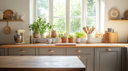 wooden table for advertising product base with modern kitchen background