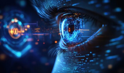 Close-up of an eye with digital interfaces showcasing advanced technology and futuristic cyber elements.