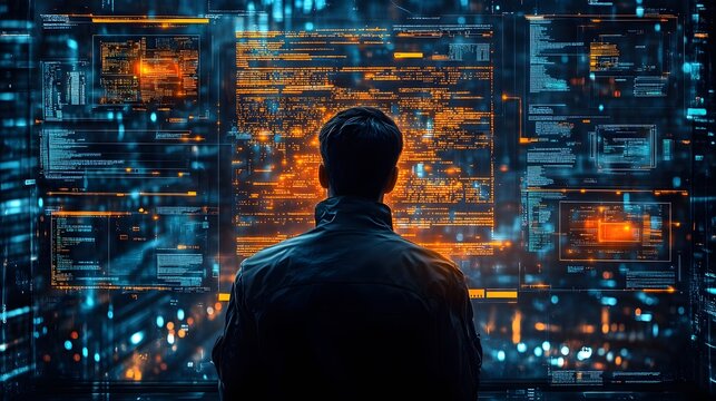 Hacker surrounded by glowing lines of code, breaking into a secure network, with multiple screens showing security alerts.