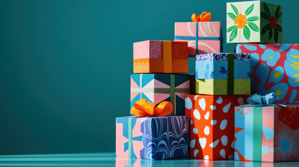 Colorful wrapped gift boxes with ribbons stacked against a teal background, perfect for celebrations and holidays.