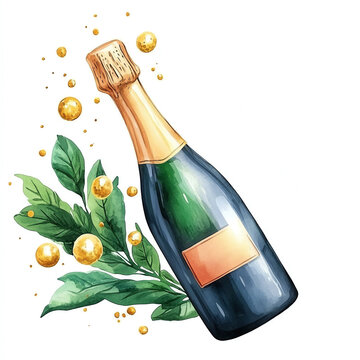 A beautifully illustrated champagne bottle surrounded by lush leaves and sparkling bubbles, perfect for festive celebrations.