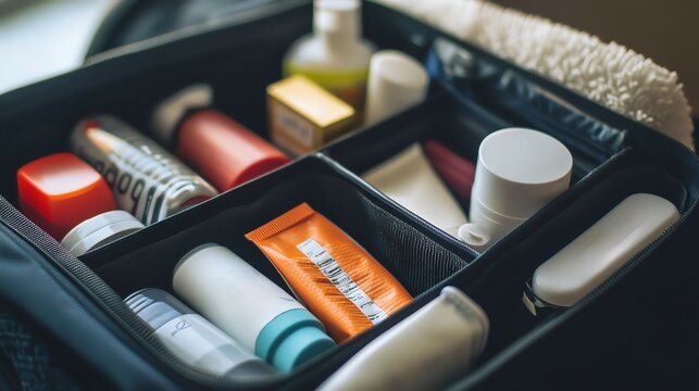 Close-up of a packed toiletry bag with various travel-sized personal care products, perfect for travel and organization.