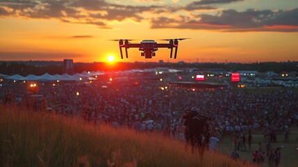 Fototapeta premium A real-time feed from a drone monitoring a large outdoor event, showing crowds gathered in an open space, with security personnel on site.
