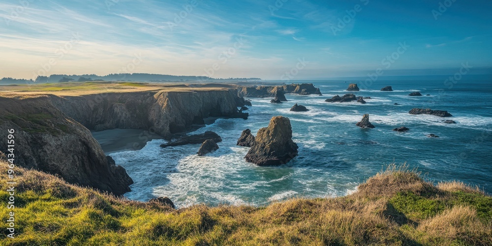 Wall mural A serene coastal landscape featuring rocky cliffs, rolling waves, and vibrant sky, perfect for nature lovers and travel enthusiasts.