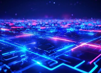 futuristic cityscape, with a network of glowing blue and pink lines and lights, creating a sense of depth and complexity. The city appears to be densely populated, with numerous