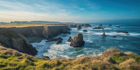 A serene coastal landscape featuring rocky cliffs, rolling waves, and vibrant sky, perfect for nature lovers and travel enthusiasts.