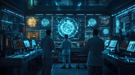 A group of scientists in a sleek laboratory conducting research experiments, with futuristic equipment and holographic displays surrounding them.