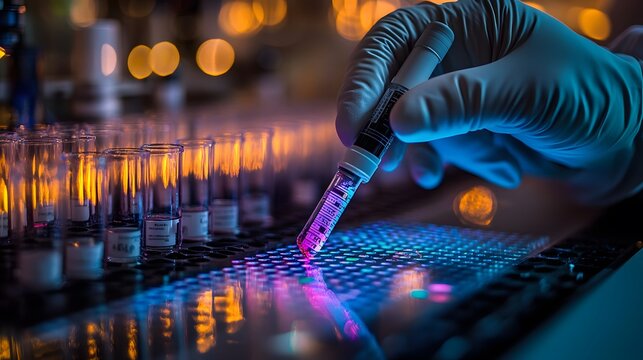 Forensic scientists examining evidence with high-precision instruments, including DNA sequencing machines and biometric scanners.