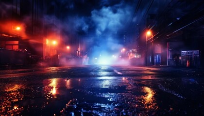 Obraz premium A night scene of a city street with a wet road reflecting the bright lights from the surrounding buildings and street lamps.