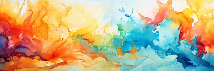 Fototapeta premium an abstract painting featuring a vibrant mix of colors, including red, orange, yellow, green, blue, and purple, creating a dynamic and energetic composition.