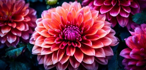 A close-up view of a vibrant dahlia flower in shades of pink and orange, with a dark background.