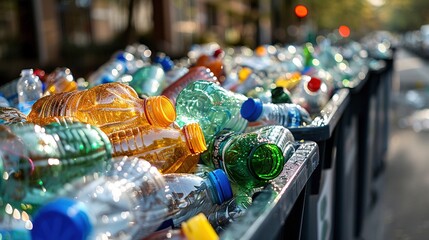 A pile of plastic bottles are in a trash can