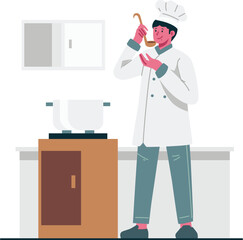 People cooking on kitchen. Woman preparing food, home cook service. Happy young chef person, man cutting and eat