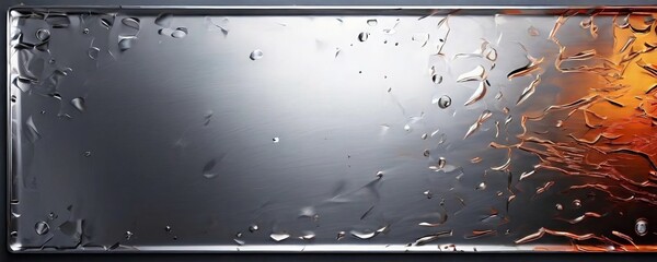 Fototapeta premium a close-up view of a metal surface with water droplets and a pattern of orange and brown hues, creating a textured and abstract visual effect.