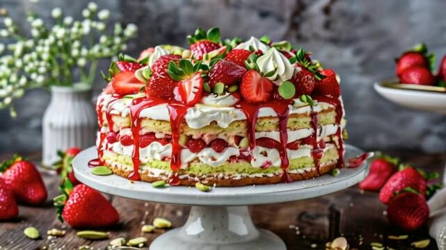 Strawberry cakes with strawberry frosting or strawberries are delightful sweets. Pink sponge or pound cake bases are frequent. Celebrate birthdays, parties, and excesses with it. 