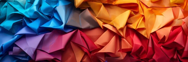 Fototapeta premium a close-up view of crumpled fabric in various vibrant colors, including blue, orange, and red, arranged in a visually striking pattern.