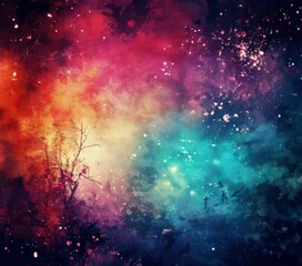 a vibrant digital artwork depicting a night sky filled with colorful stars and a glowing nebula, with a silhouetted tree in the foreground.