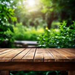 A wooden table sits in the foreground, its weathered surface contrasting with the lush greenery of the surrounding trees and bushes. The blurred background suggests a serene, natural setting.