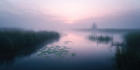 Obraz premium A serene misty landscape with calm waters and lily pads reflecting the pastel evening sky at dusk.