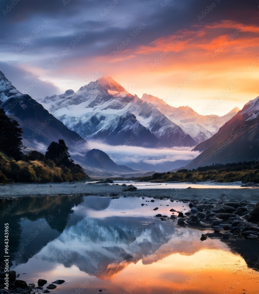 Wall mural A breathtaking landscape captures a serene mountain range at sunset, with the majestic peaks reflected in a calm lake. The sky is awash with hues of orange and blue, creating a