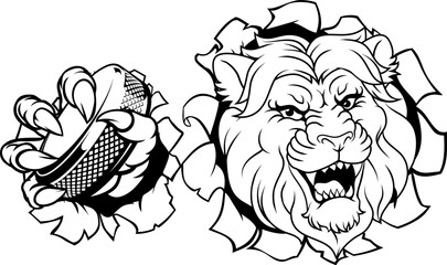 Obraz premium A lion ice hockey team cartoon animal sports mascot