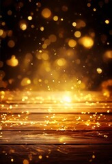 Naklejka premium dark background with a warm, golden glow from a light source at the bottom, creating a bokeh effect of sparkling lights.
