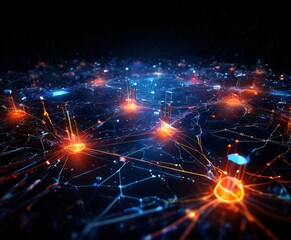 digital illustration of a network of interconnected nodes, each radiating a unique glow of orange and blue, creating a mesmerizing and futuristic atmosphere.